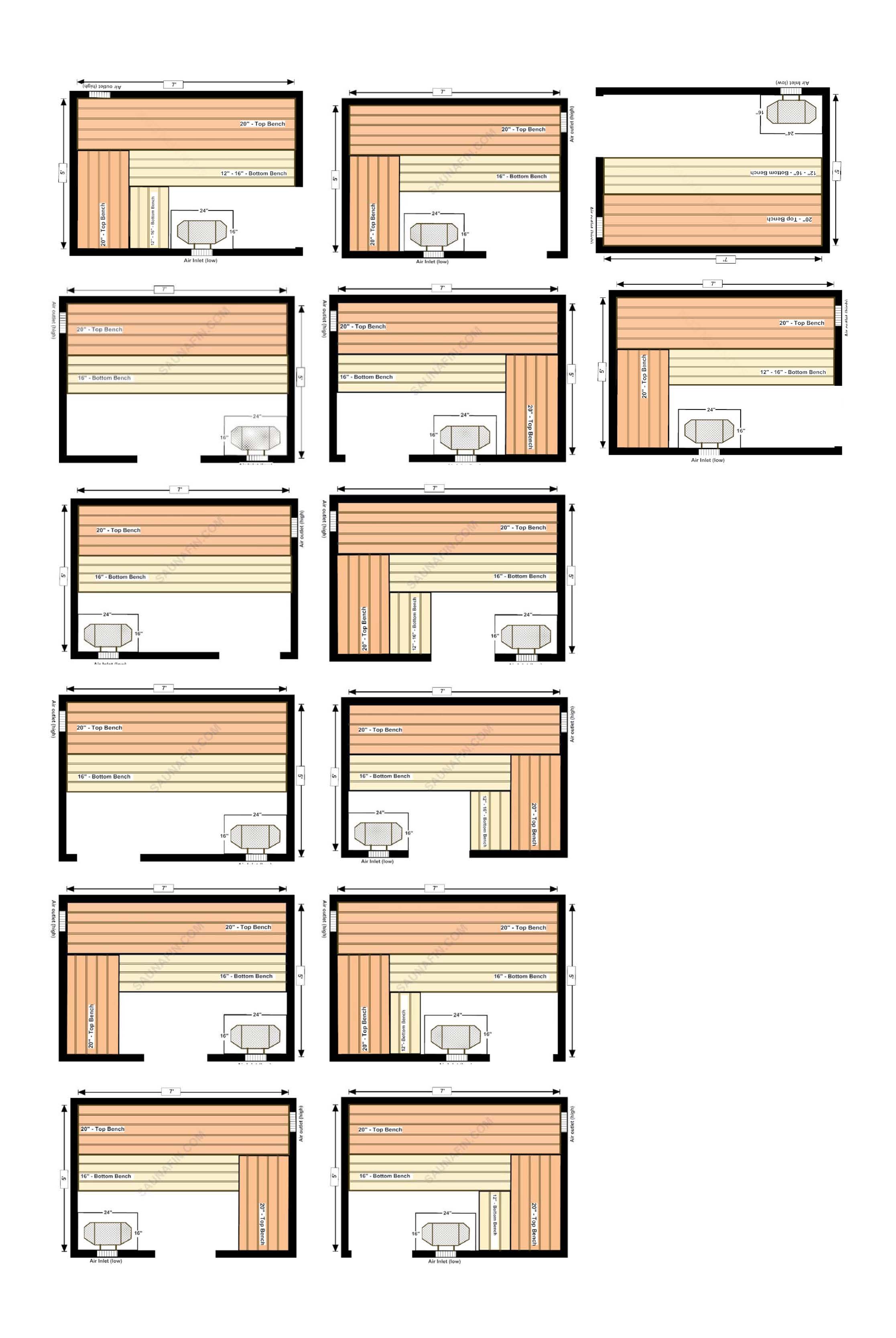 standard sauna layouts 5x7 standard sauna layouts 5x7